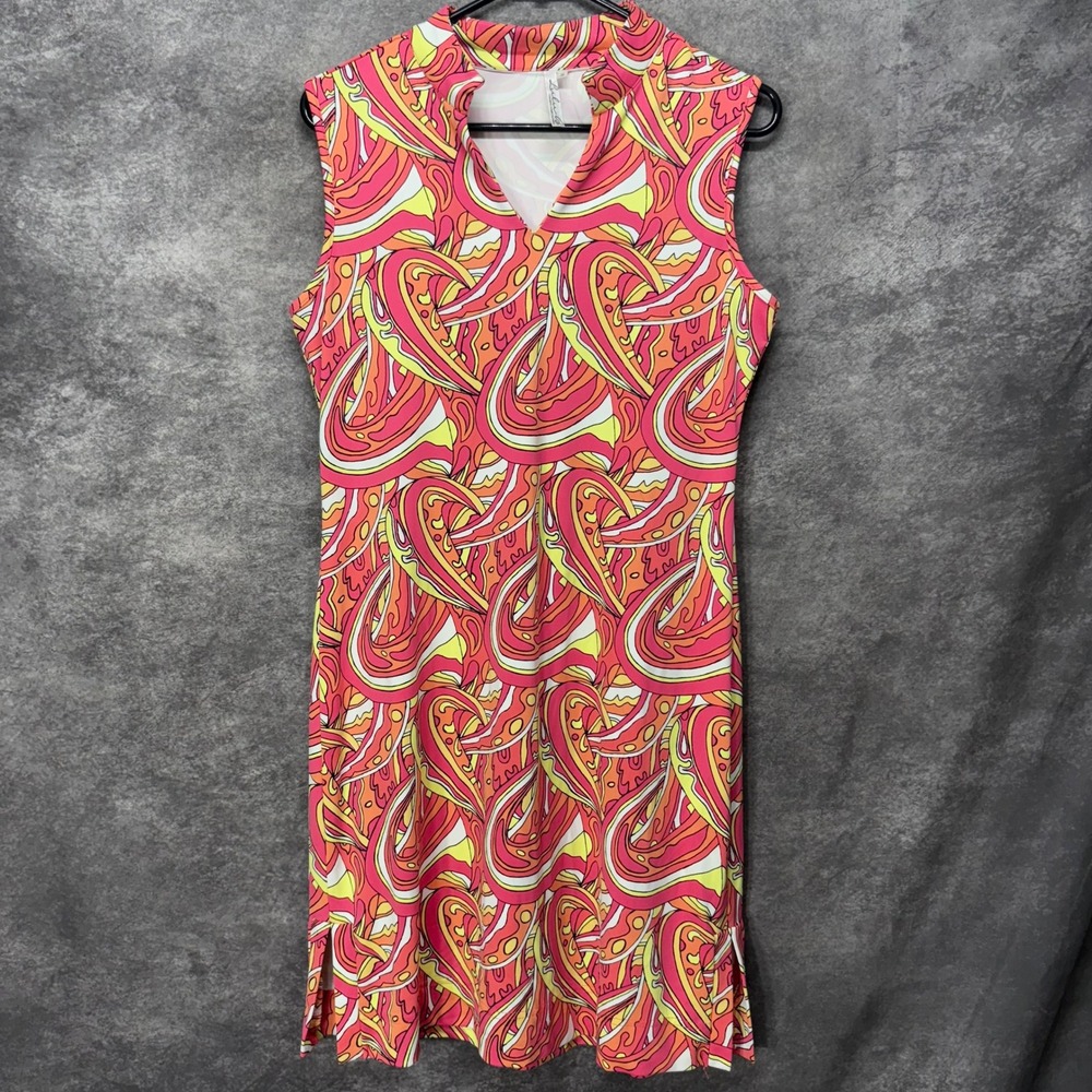Lulu-B Shift Dress Sz S Pink Orange Retro Psychadelic Print Nylon Resort Travel